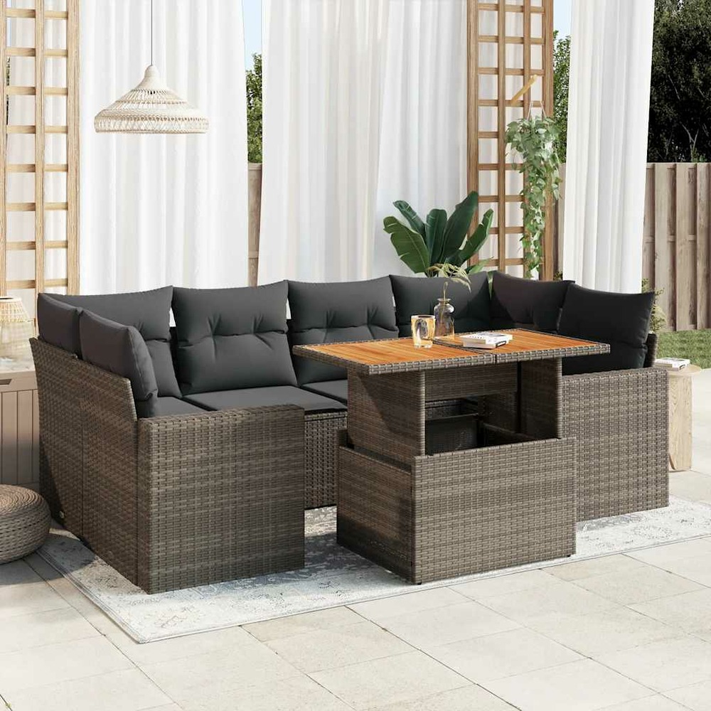 Salon de jardin avec coussins 7 pcs gris résine tressée