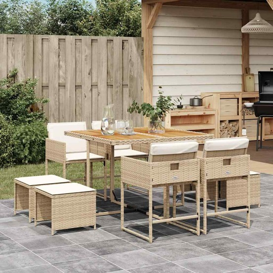 Ensemble à manger de jardin et coussins 9 pcs beige poly rotin