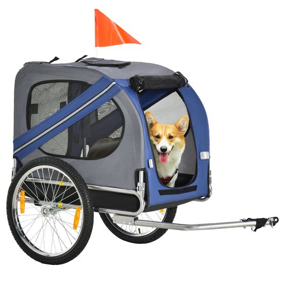 Remorque vélo chien pliable métal oxford fenêtres aérées accès facile gris et bleu