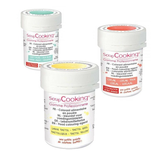 3 colorants alimentaires en poudre - corail, jaune pastel, vert d'eau
