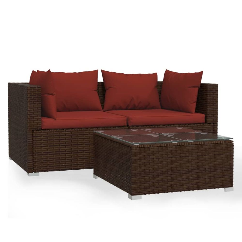 Salon de jardin 3 pcs avec coussins marron résine tressée