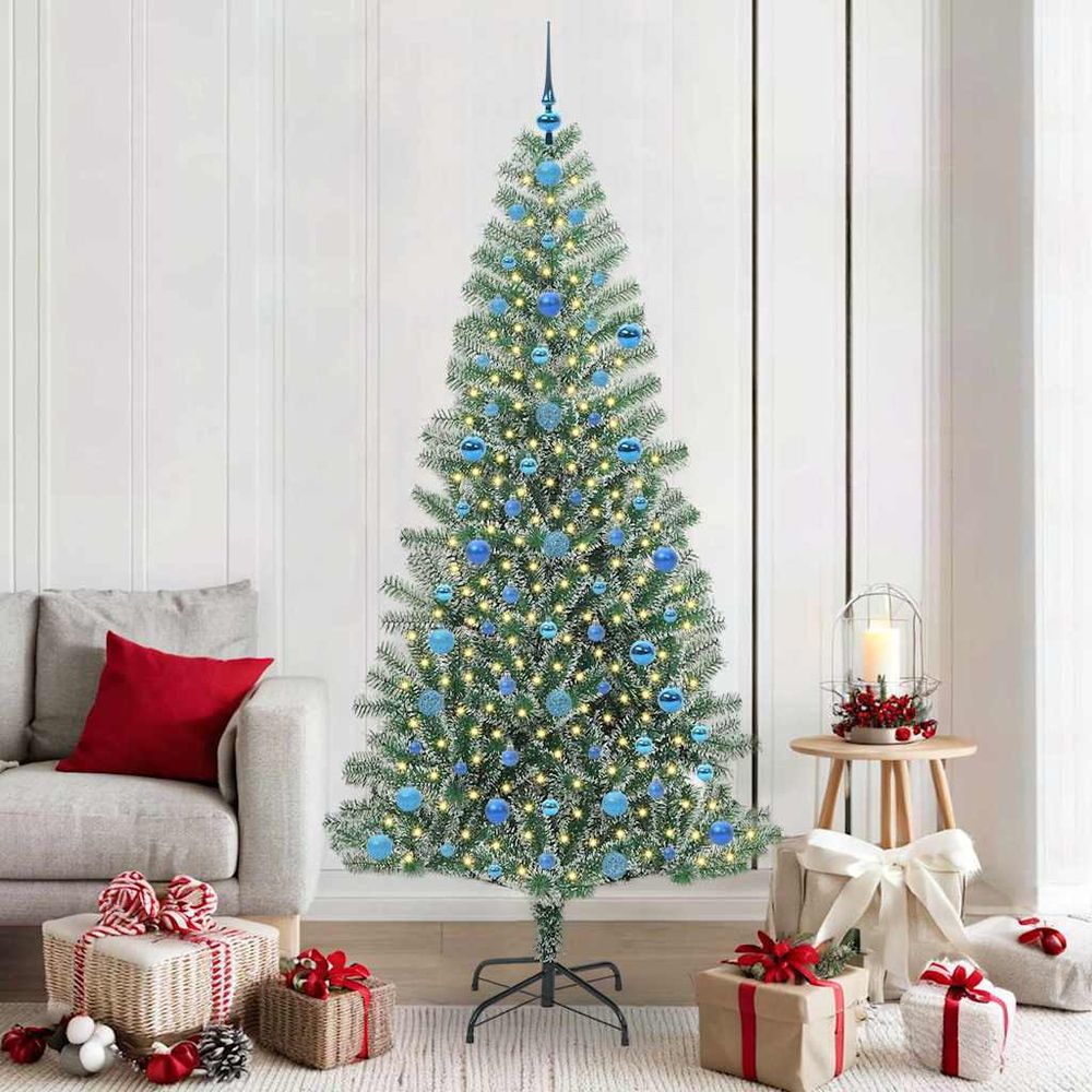 Grand sapin de noël artificiel enneigé 210 cm avec led et 120 boules