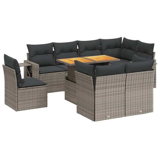 Salon de jardin 9 pcs avec coussins gris résine tressée