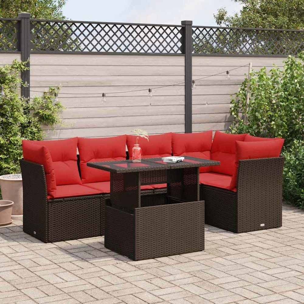 Salon de jardin avec coussins 6pcs marron résine tressée acacia