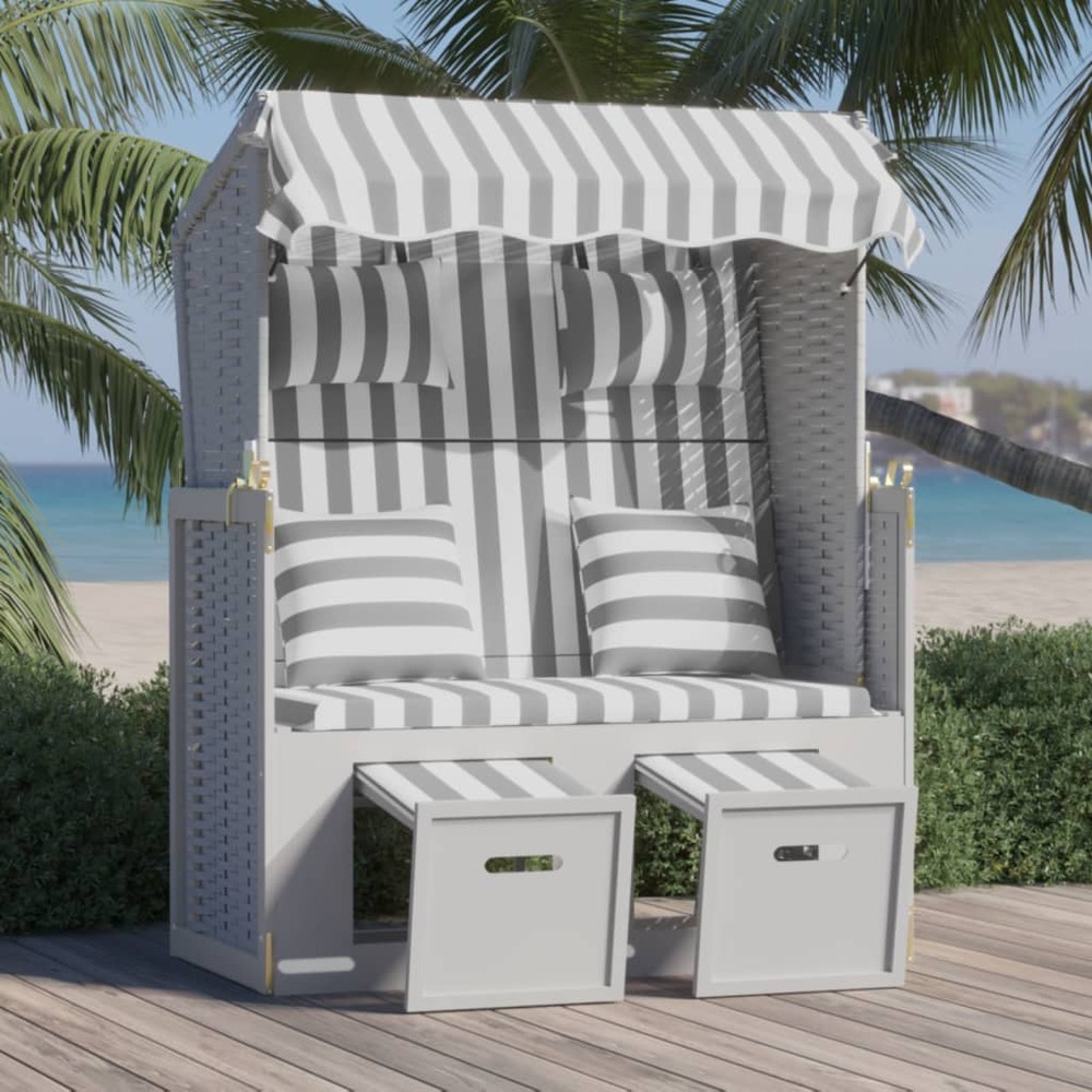 Strandkorb avec coussins résine tressée bois solide gris blanc