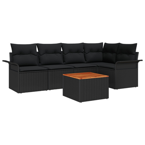 Ensemble de canapé de jardin 6 pièces avec coussins noir poly rotin acacia