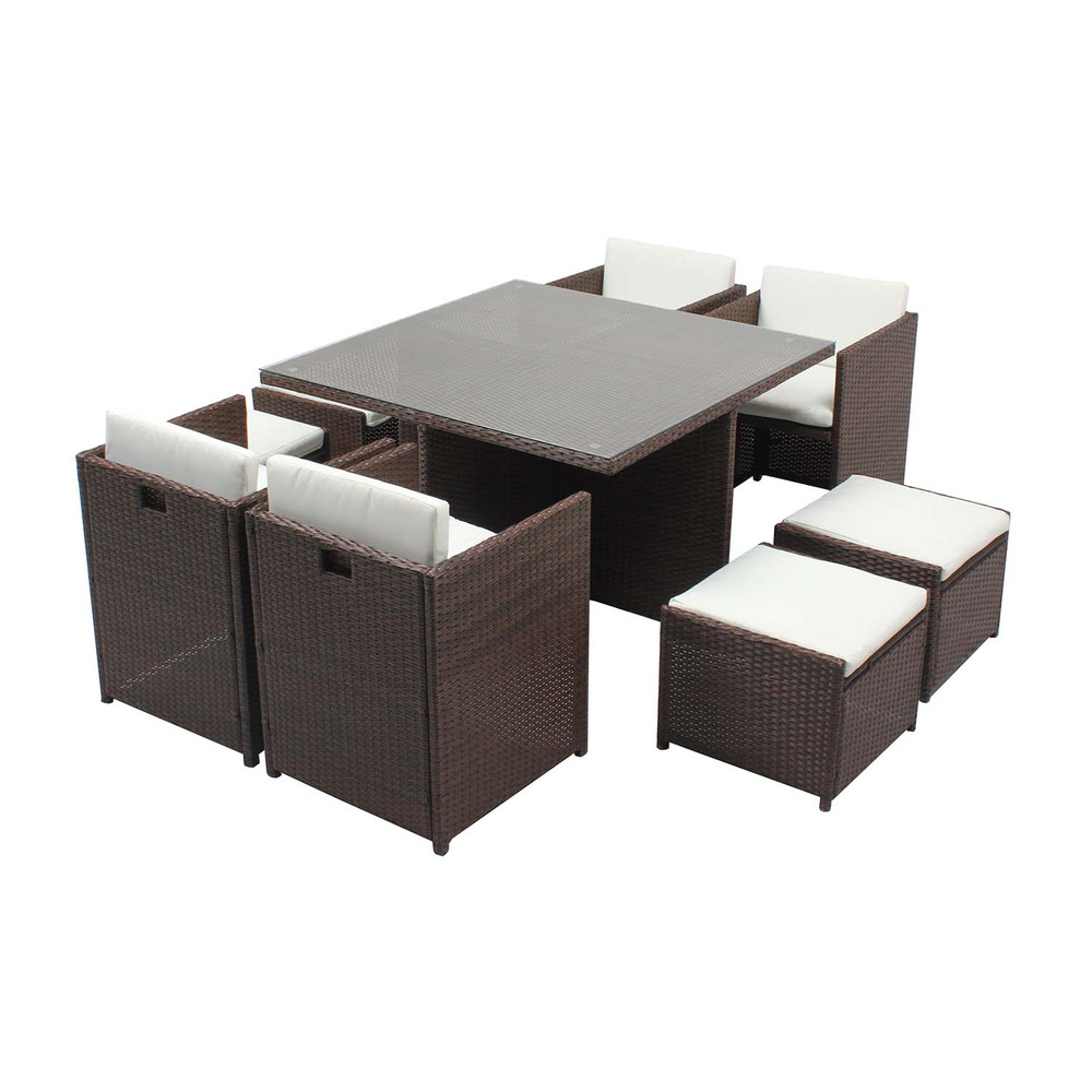 Table et chaises 8 places encastrables résine marron-blanc miami