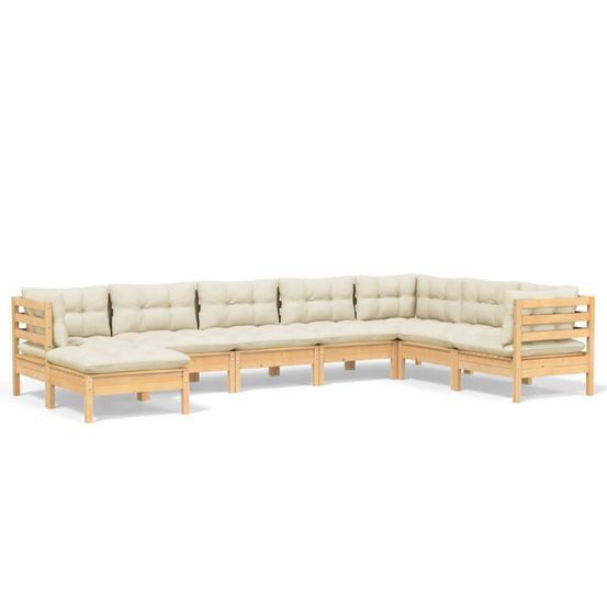 Salon de jardin 8 pcs avec coussins crème bois de pin massif