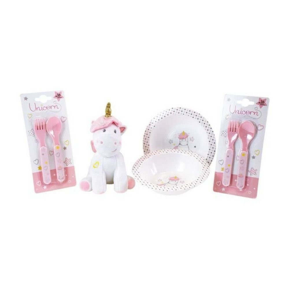 Lot vaisselle licorne pour enfant - fun house - 006319 - 2 assiettes, 2 sets de couverts et 1 peluche douce