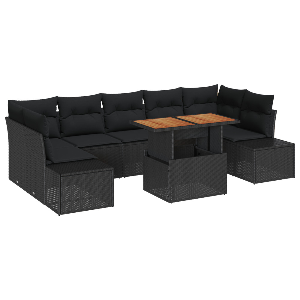 Set de canapé de jardin 8 pièces avec coussins noir poly rattan