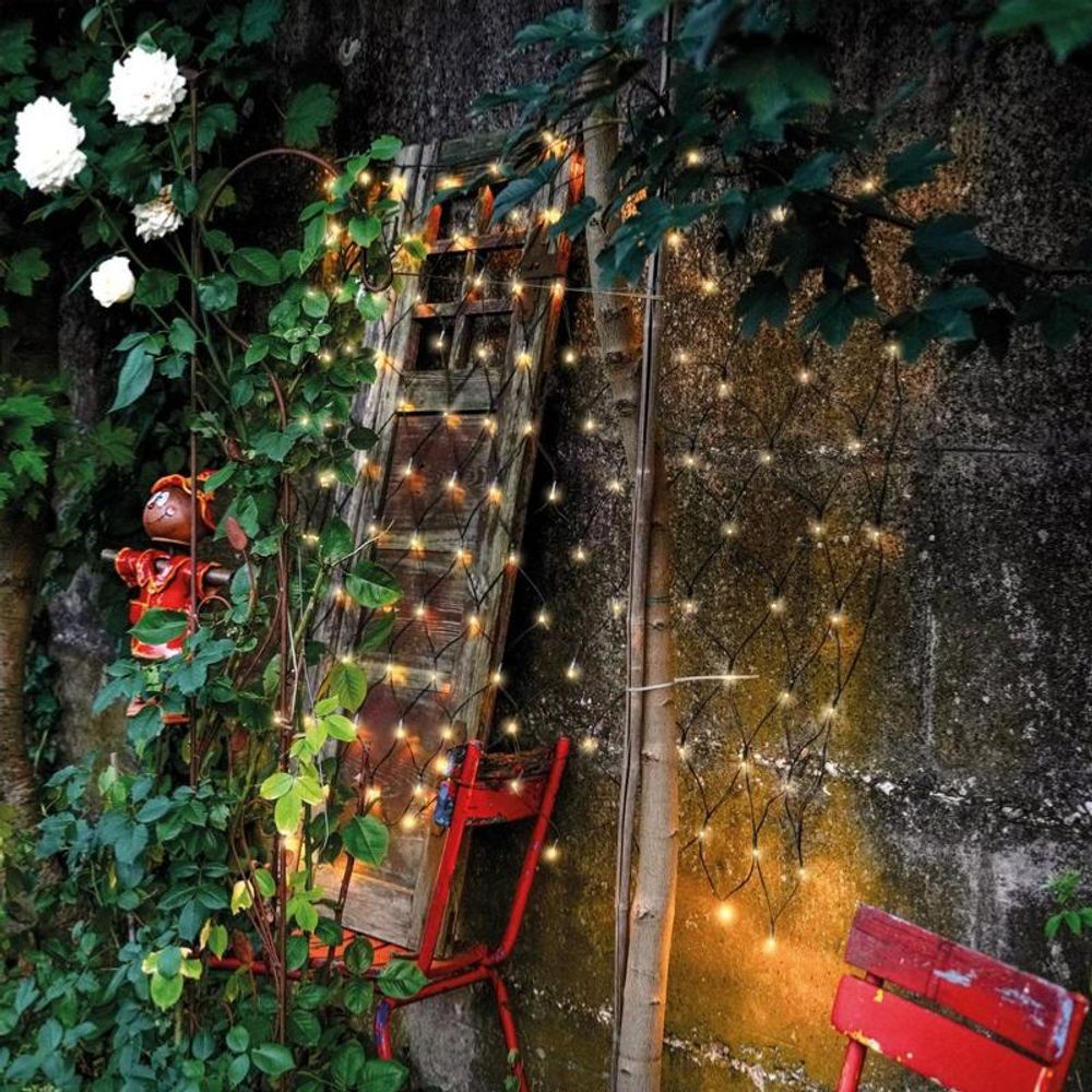 Guirlande solaire rideau lumineux 144 leds blanc chaud