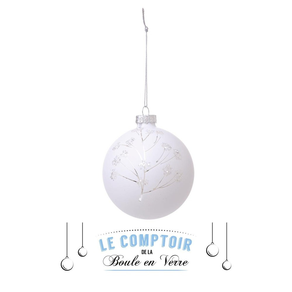 Boule de noël 70mm blanc chaud paillette blanc en verre