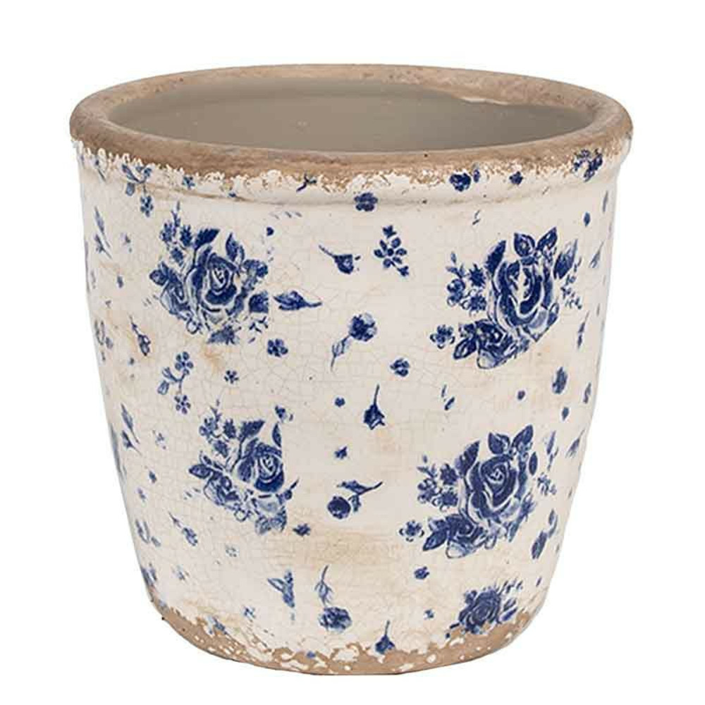 Pot céramique beige bleu motif florale 14x15x15cm
