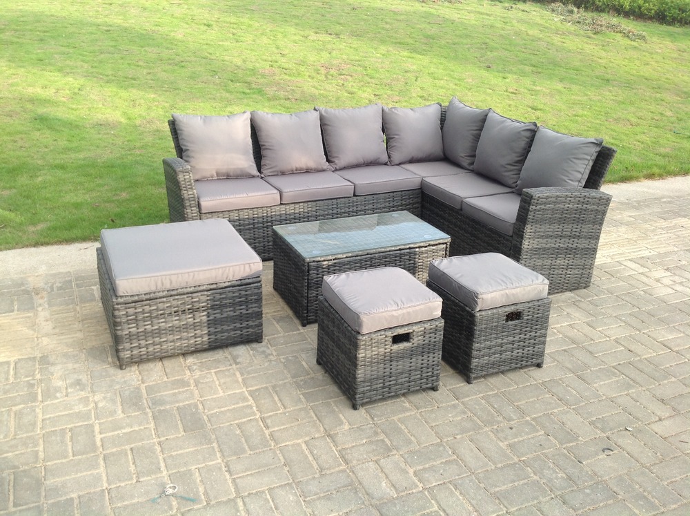 9 places haut dossier rotin meubles de jardin set canapé d'angle avec table basse rectangulaire et 3 repose - pieds