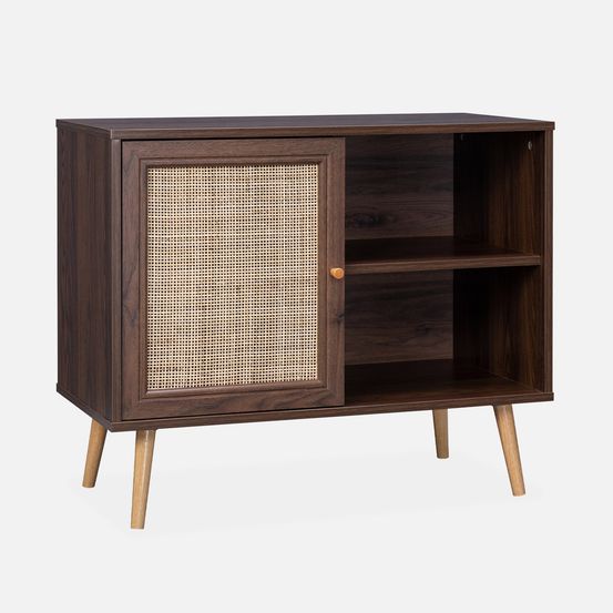 Meuble de rangement en cannage 80x39x65.8cm - 2 niveaux - 1 porte - pieds scandinaves, buffet bas