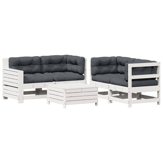 Salon de jardin 5 pcs avec coussins blanc bois massif de pin