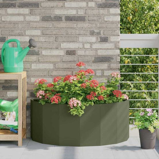 Jardinière demi-ronde en acier pour jardin balcon vert olive 90x45 cm