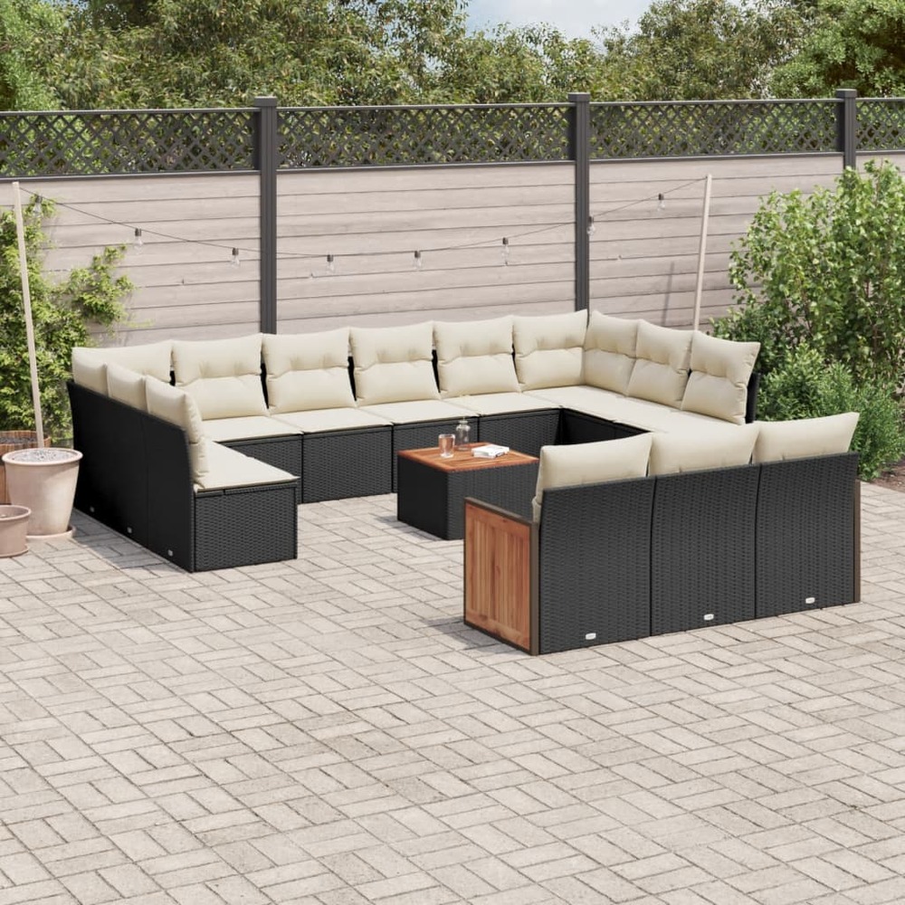 Salon de jardin avec coussins 14 pcs noir résine tressée