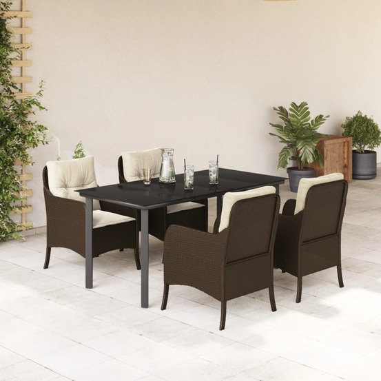 Ensemble à manger de jardin 5 pcs et coussins marron poly rotin