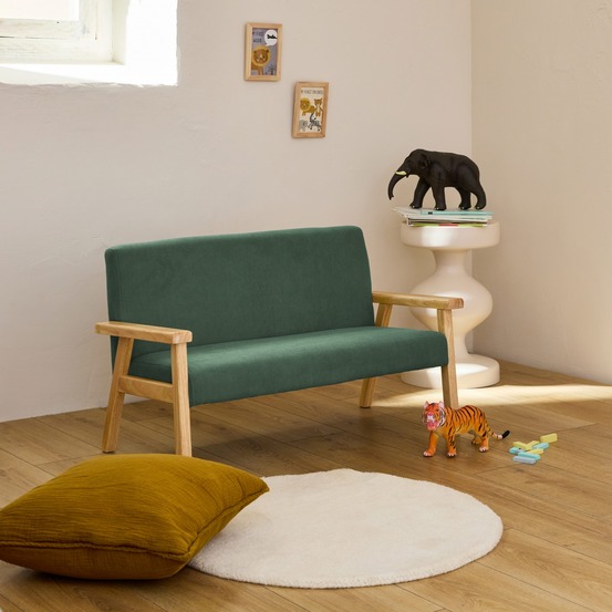 Banquette canapé enfant en bois et velours côtelé kaki. Isak. L 84 x p 43.5 x h 50cm