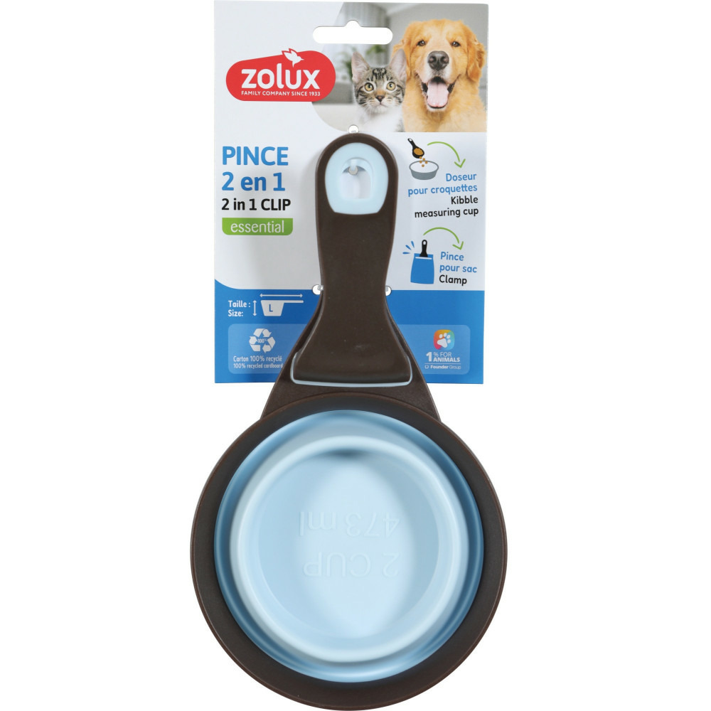 Pince 2 en 1 doseur silicone l 473 ml bleu pour chat et chien
