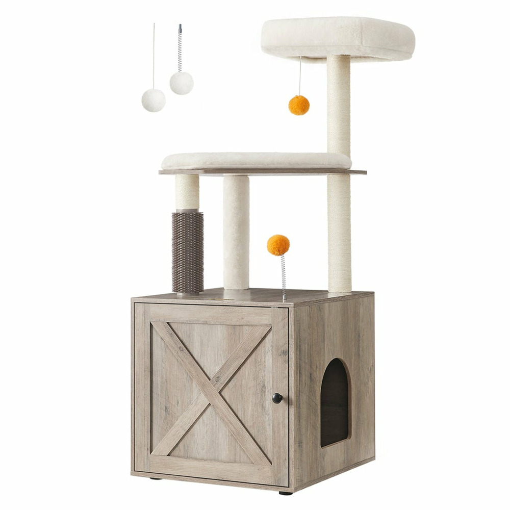 Arbre à chat avec maison de toilettes tour de jeu moderne 2-en-1 niche pour chat de 134 cm avec chache-litière poteaux à grif