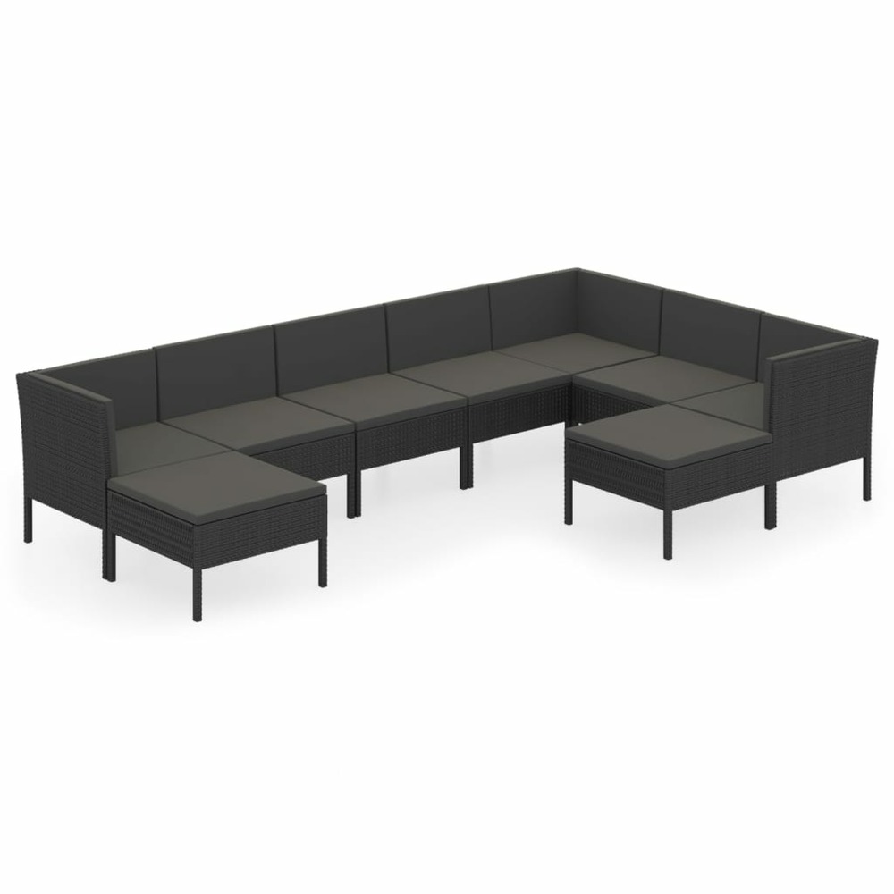 Salon de jardin meuble d'extérieur ensemble de mobilier 9 pièces avec coussins résine tressée noir