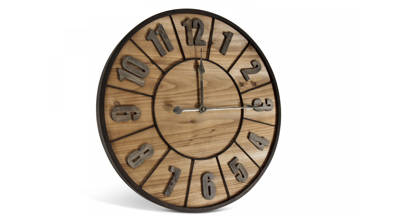 Grande horloge ancienne bois métal marron 60x3.5x60cm - bois-métal