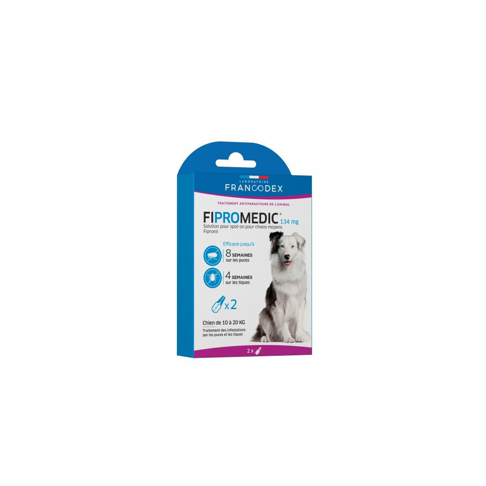 2 pipettes fipromedic 134 mg antiparasitaire pour chiens de 10 kg à 20 kg