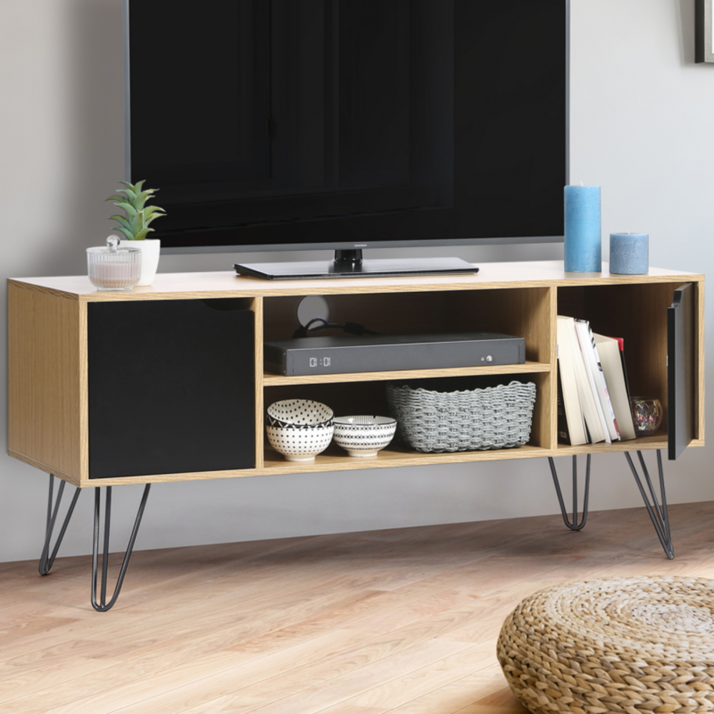 Idmarket meuble tv vintage noemi pied épingle bois portes noires