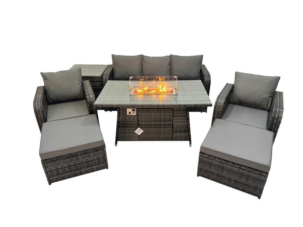 Ensemble de meubles de jardin en polyrotin table de foyer à gaz intérieur extérieur avec table d'appoint fauteuil 2 grand tabourets