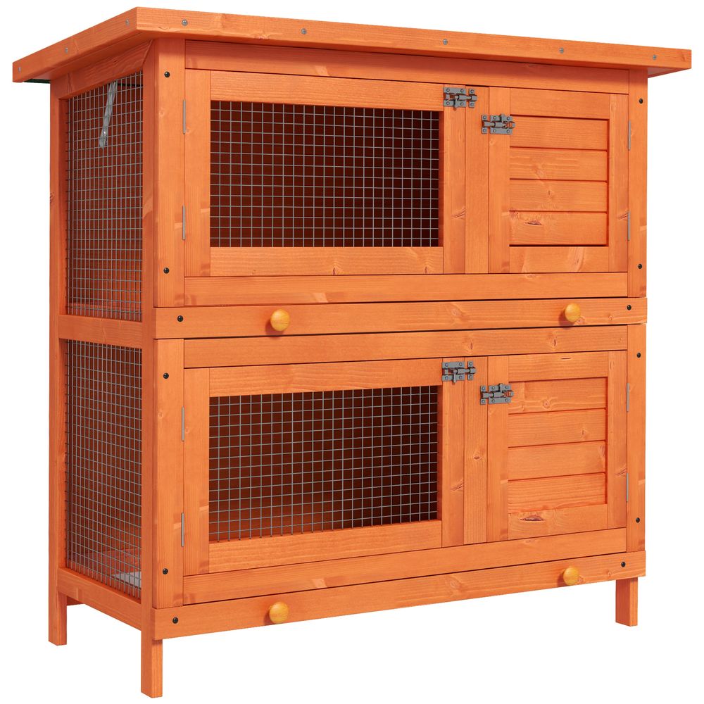 Clapier à lapin bois naturel extérieur 2 niveaux avec toit ouvrant 90x45x90cm