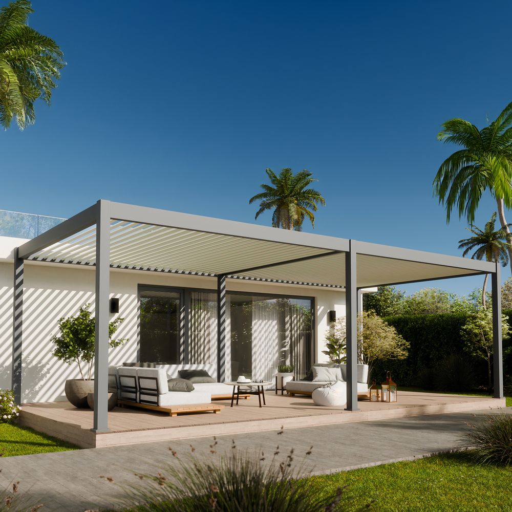 Pergola bioclimatique aluminium autoportee 32m² - 4x8 anthracite - certifié resistant uv - lames inclinables - eclipse 32