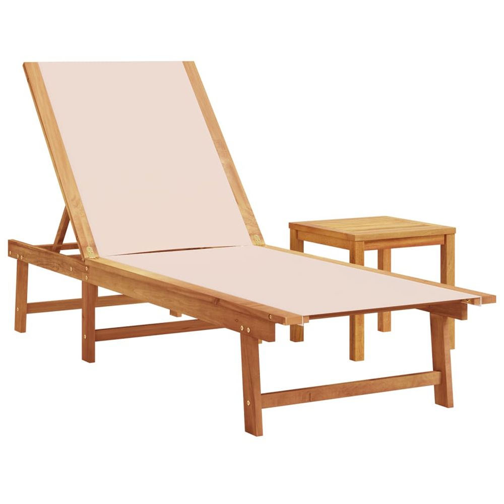 Chaise longue et table crème bois d'acacia solide et textilène bain de soleil