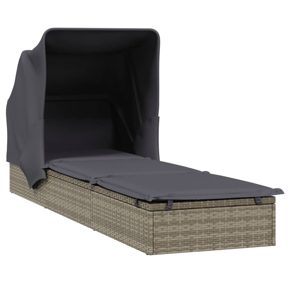 Transat chaise longue bain de soleil avec toit pliable 213 x 63 x 97 cm résine tressée gris
