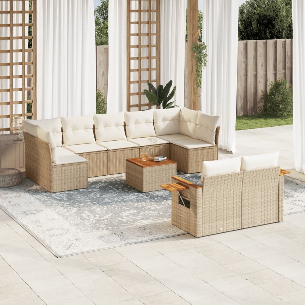 Salon de jardin avec coussins 10 pcs beige résine tressée