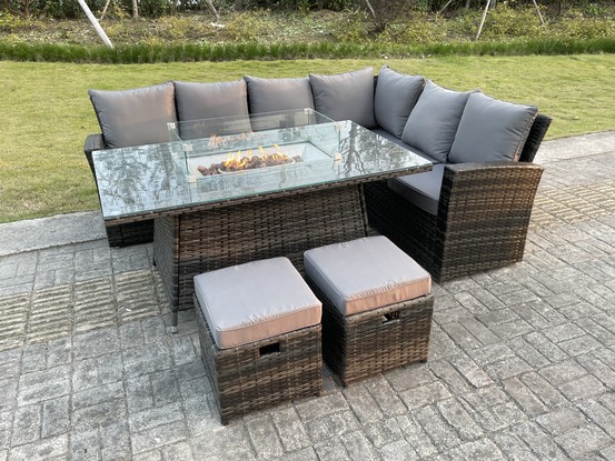 High back rotin garden furniture set gas firepit table à manger set chauffage au gaz coin droit canapé petit tabouret 8 places