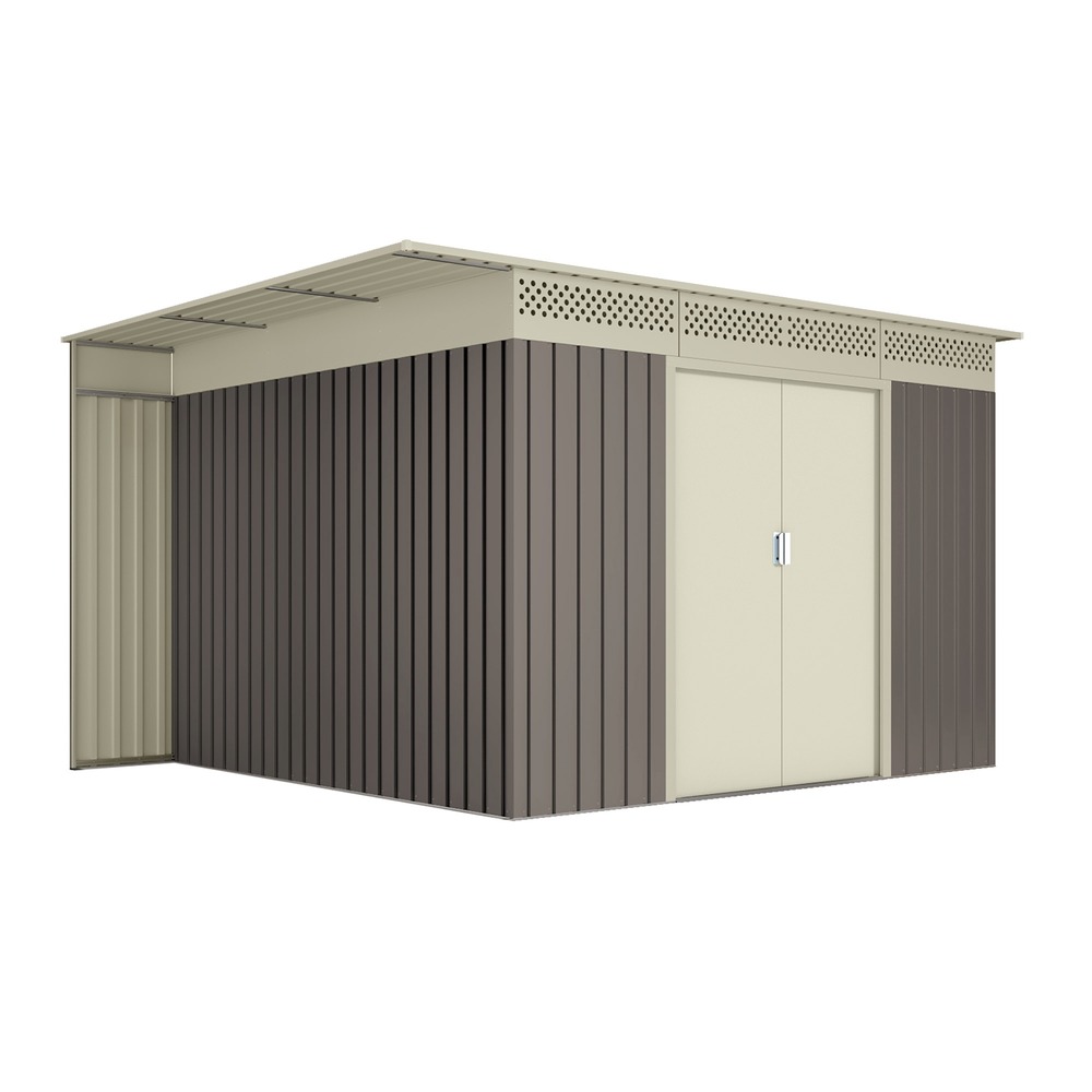 Wasabi - abri de jardin métal 8,96m2 coffee – avec bûcher - porte coulissante double - toit plat - grilles de ventilation