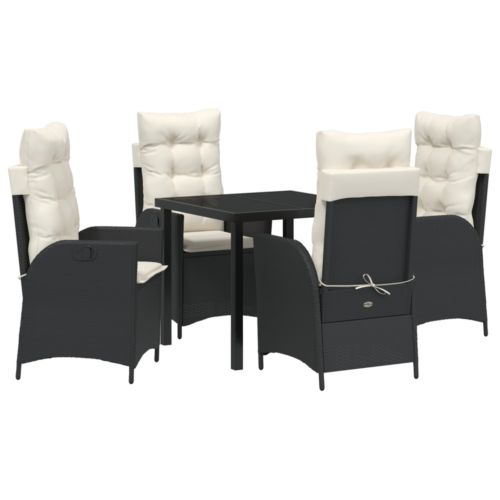 Set de repas de jardin de 5 pièces avec coussins en poly rattan noir
