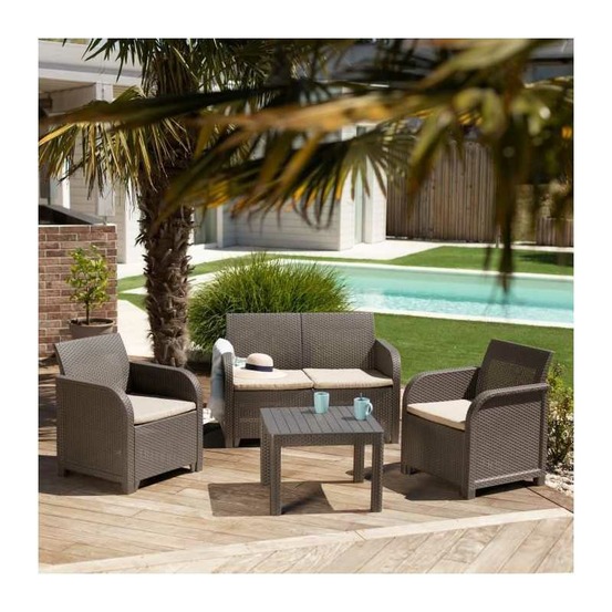 Salon de jardin en imitation resine tressee allibert avec table basse - 4 personnes - sanremo - beige
