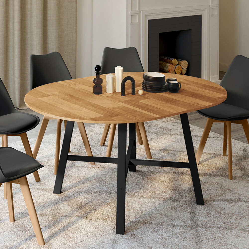 Table à manger extensible ronde madeleine 4-6 personnes bois et métal noir 110 - 150 cm