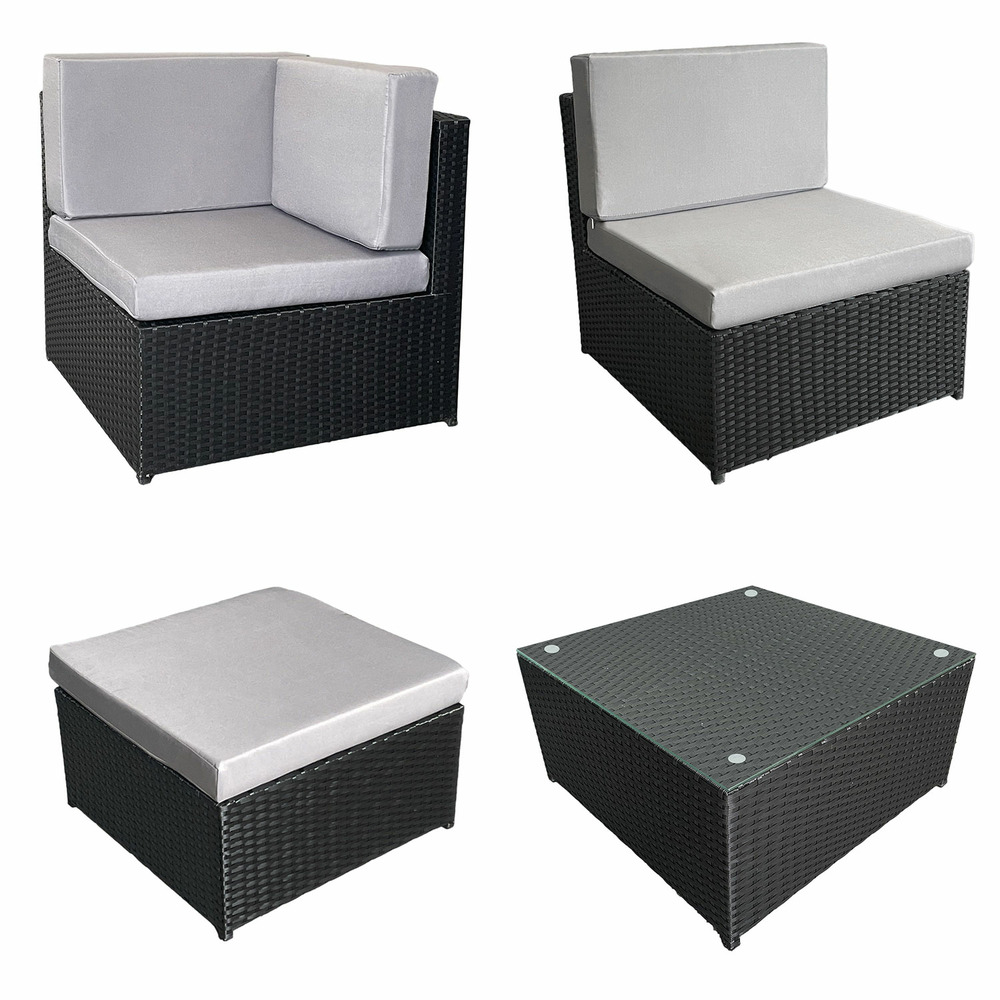 Salon de jardin bonifacio en résine tressée noir 6 places - coussin gris