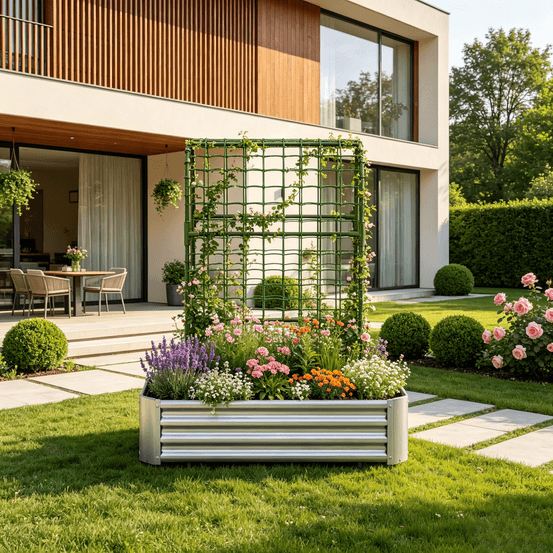 Carré potager surélevé acier galvanisé argenté 120 x 60 x 150 cm avec treillis