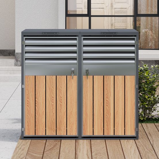 Cache-poubelle double acier galvanisé jardin couvercle hydraulique 132x80cm gris bois - comfortxl outdoor living