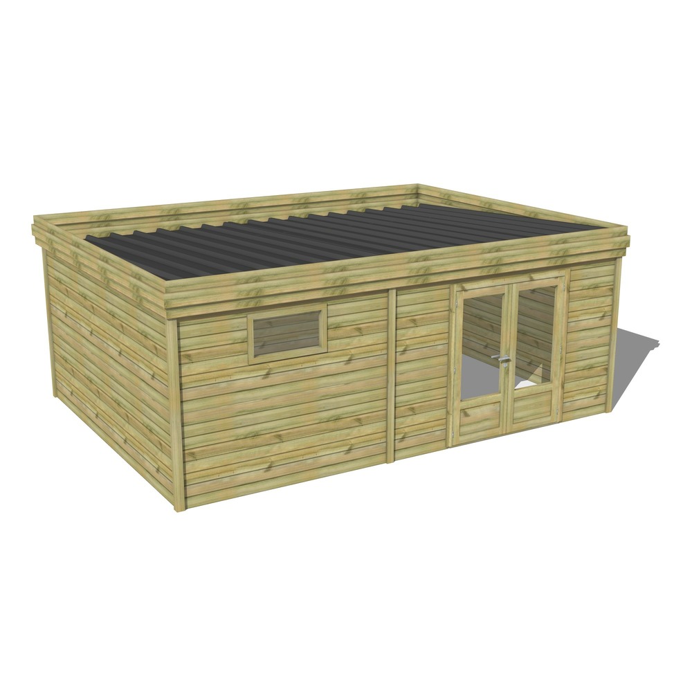 Abri de jardin bois pin traité autoclave 27mm - 6,49x4,34m / 28m2 - bac acier - abri français