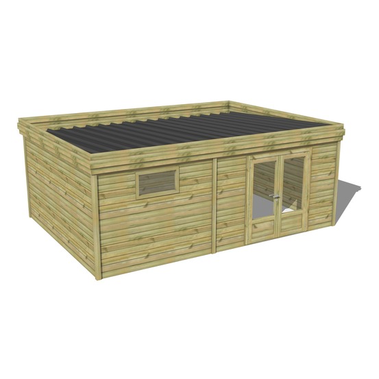 Abri de jardin bois pin traité autoclave 27mm - 6,49x4,34m / 28m2 - bac acier - abri français