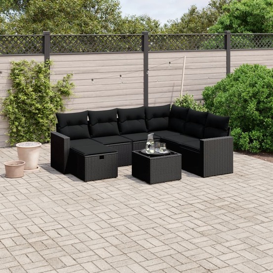 Salon de jardin 8 pcs avec coussins noir résine tressée