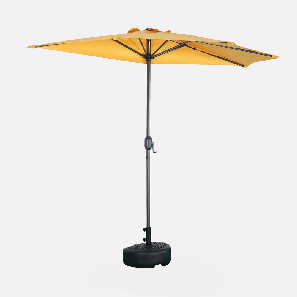 Parasol de balcon ø250cm  – calvi – demi-parasol droit. Mât en aluminium avec manivelle d’ouverture. Toile moutarde
