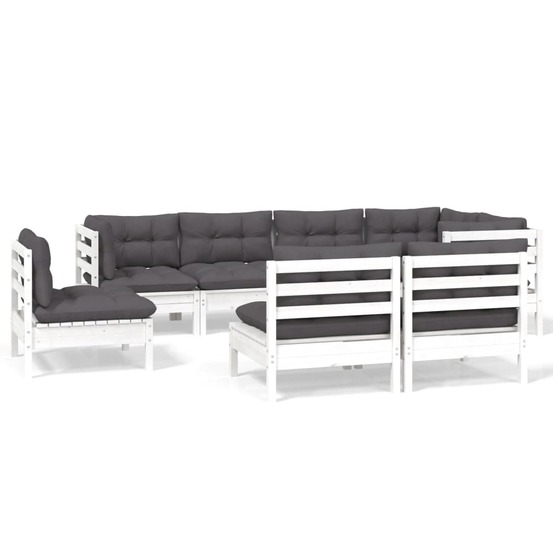 Salon de jardin 8 pcs avec coussins blanc bois de pin massif