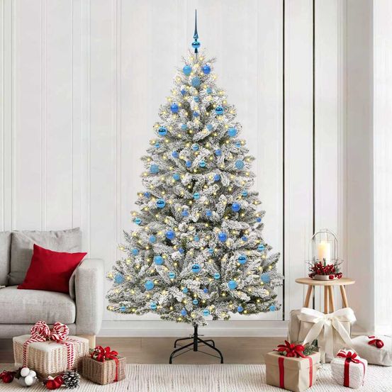 Sapin de noël artificiel lumineux 210 cm floqué avec 120 boules incluses